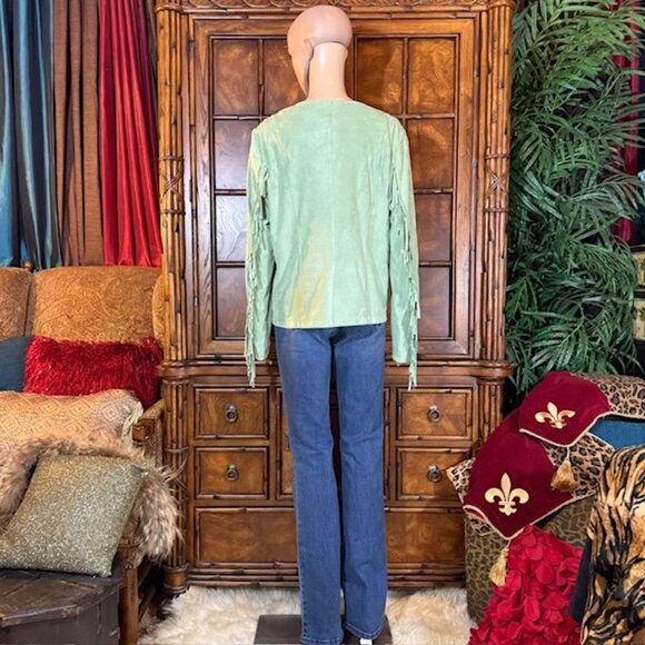 Colleen Lopez Pistachio Fringe Cascade Stretch Faux Suede Jacket Boho Western - Picture 7 of 11